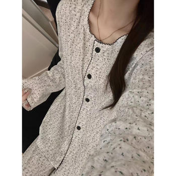 Ženski pižama set u korejskom stilu s floralnim uzorkom, kardigan stil, dugi rukavi i hlaće, ultra-tanki Cloud Cotton, može se nositi i izvan kuće