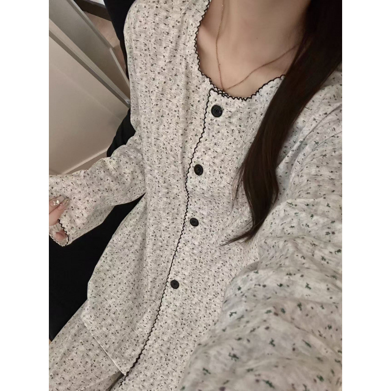 Ženski pižama set u korejskom stilu s floralnim uzorkom, kardigan stil, dugi rukavi i hlaće, ultra-tanki Cloud Cotton, može se nositi i izvan kuće