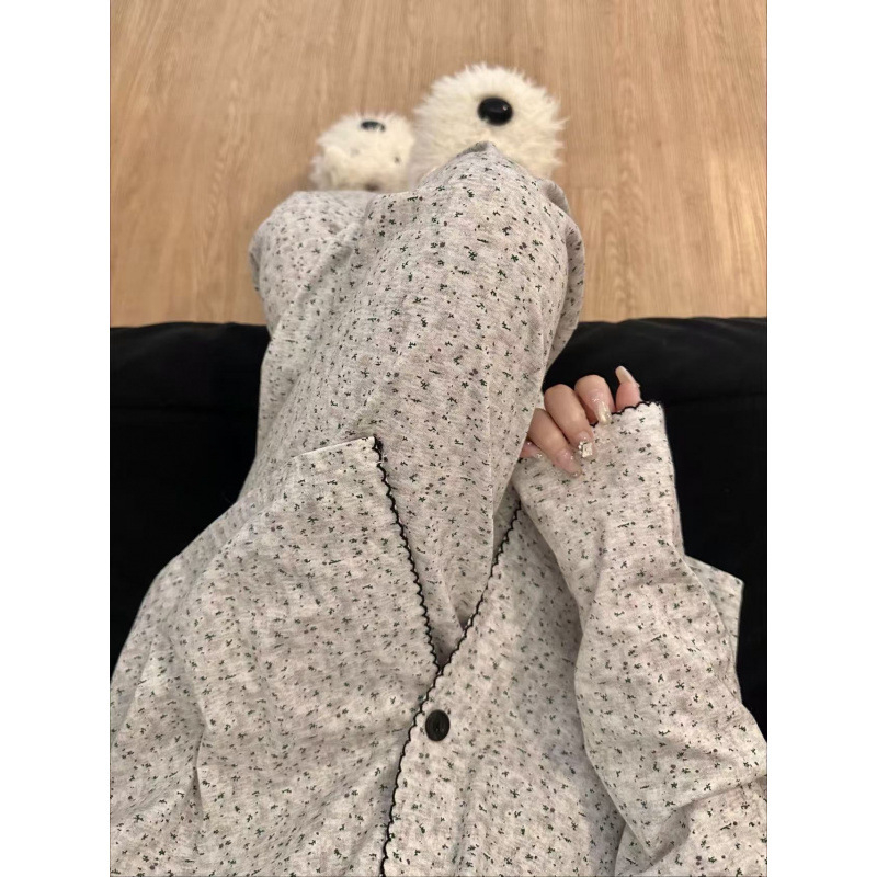 Ženski pižama set u korejskom stilu s floralnim uzorkom, kardigan stil, dugi rukavi i hlaće, ultra-tanki Cloud Cotton, može se nositi i izvan kuće