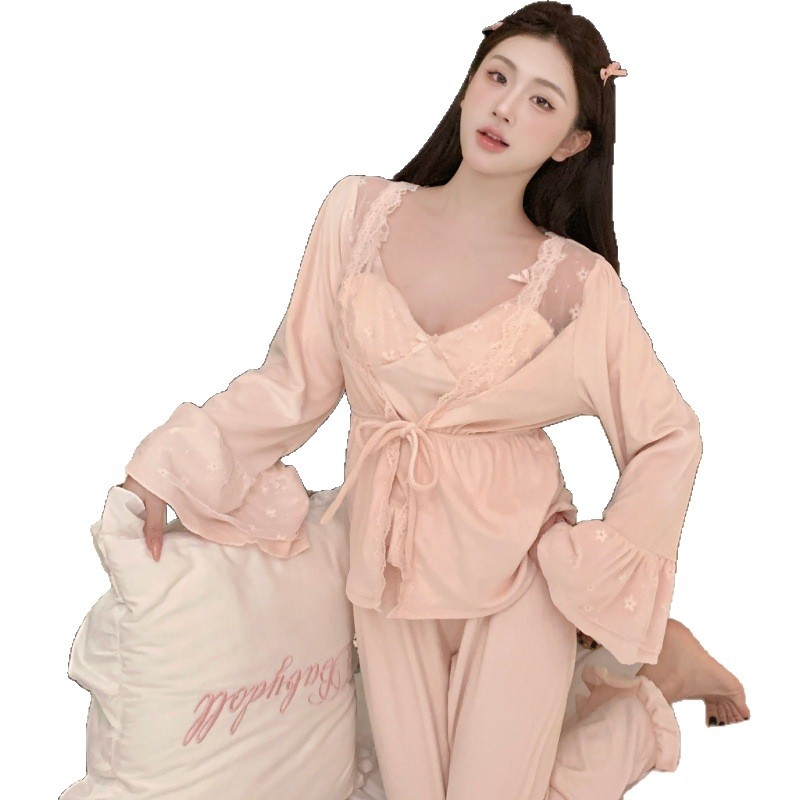 Pidžama set Island Velvet, dvostrani baršun, ovratnik rever, dugi rukavi, prozračne domaće pidžame (Jesen 2025)