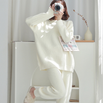 Set pijama iarnă din fleece coral, guler rotund, mâneci lungi, pantaloni, grosime 251–300 g/m2