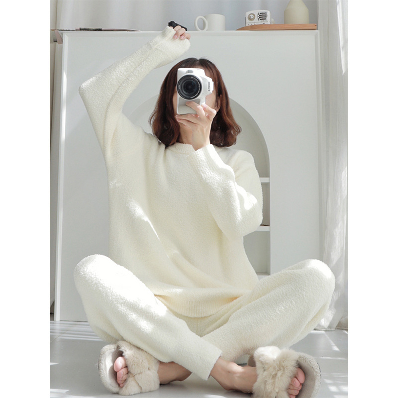 Set pijama iarnă din fleece coral, guler rotund, mâneci lungi, pantaloni, grosime 251–300 g/m2