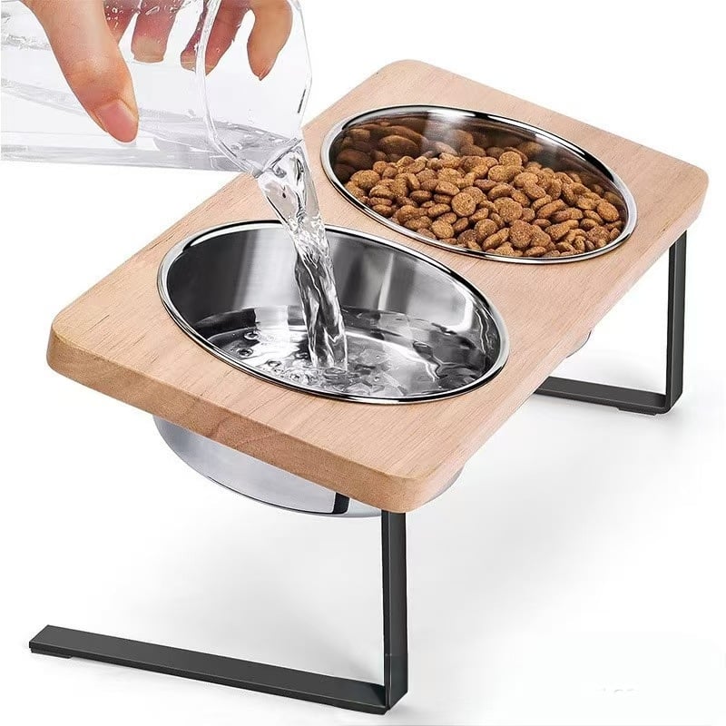 Drveni stalak za posude za mačke s dvostrukim posudama, podignut, model 0109, marka Senshuo Huajin Crafts