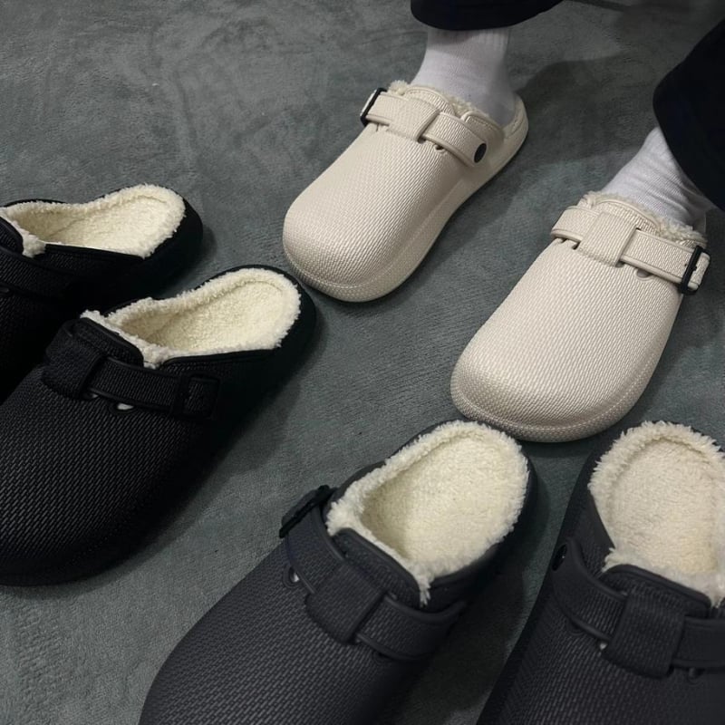 Papuče za muškarce: pliš papuče od pamuka Birkenstock stil, jesen-zima 2024; gornji materijal: guma; podstava: pliš; zatvaranje: slip-on