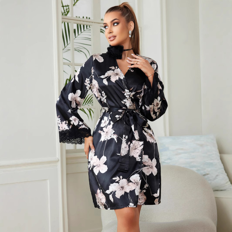 Set de pijamale feminin cu rochie de noapte din dantelă sexy și cardigan, poliester 90–95%, grosime medie, fără guler, pentru toate anotimpurile