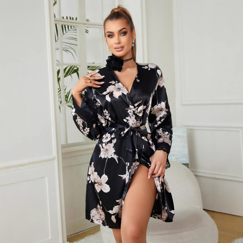 Set de pijamale feminin cu rochie de noapte din dantelă sexy și cardigan, poliester 90–95%, grosime medie, fără guler, pentru toate anotimpurile