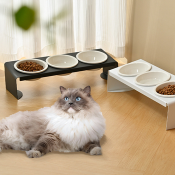 Suport pentru boluri de animale de companie din oțel carbon, cu boluri ceramice, trei boluri, gură înclinată, anti răsturnare