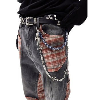 GlowCharm Lanac za hlače s kružnim lancem, denim detaljima i metalnim križnim privjeskom