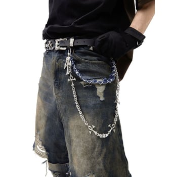 GlowCharm Lanac za hlače s kružnim lancem, denim detaljima i metalnim križnim privjeskom
