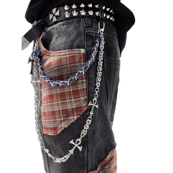 GlowCharm Lanac za hlače s kružnim lancem, denim detaljima i metalnim križnim privjeskom