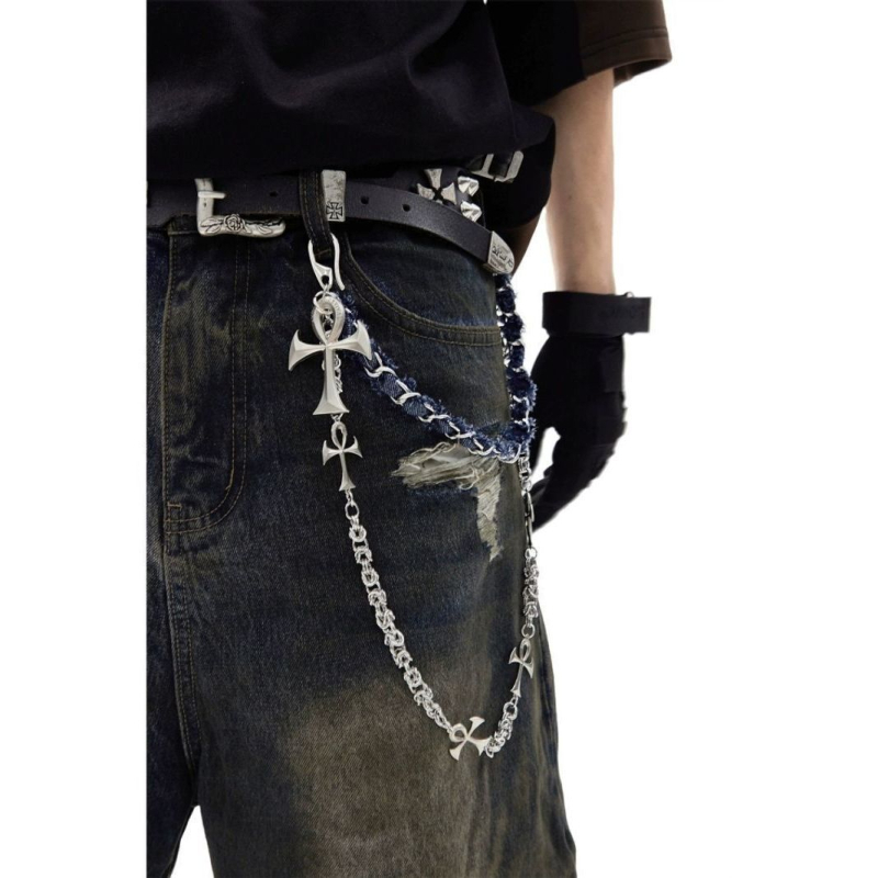 GlowCharm Lanac za hlače s kružnim lancem, denim detaljima i metalnim križnim privjeskom