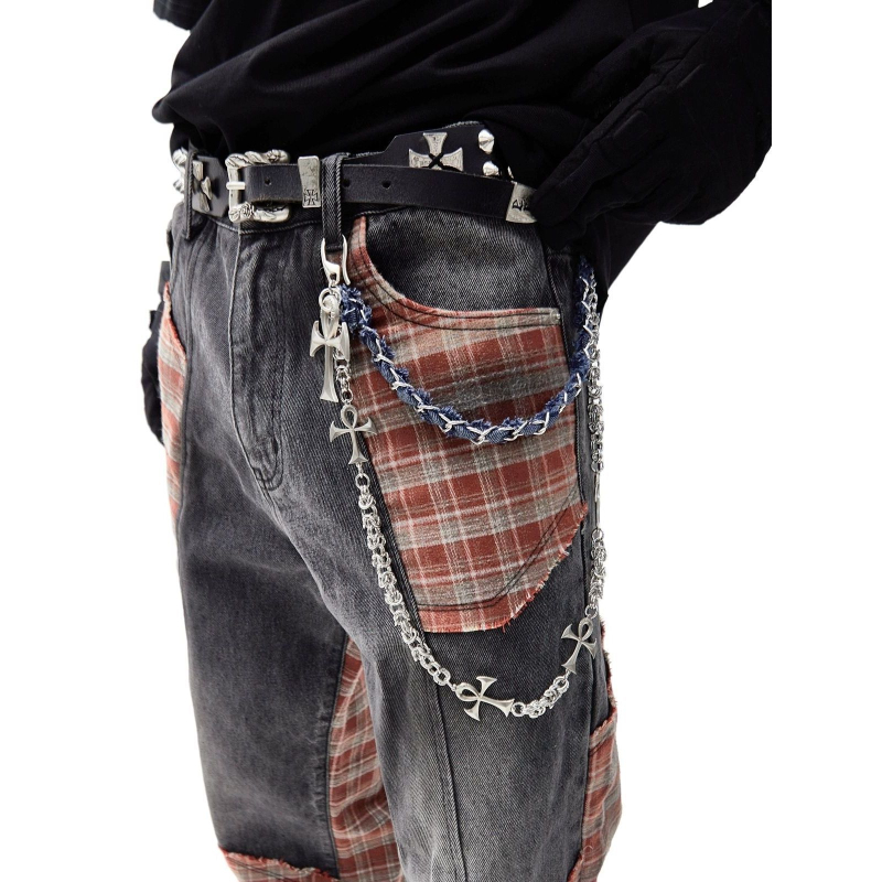 GlowCharm Lanac za hlače s kružnim lancem, denim detaljima i metalnim križnim privjeskom