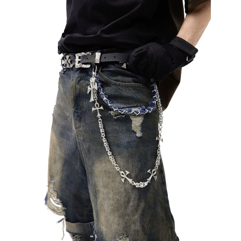 GlowCharm Lanac za hlače s kružnim lancem, denim detaljima i metalnim križnim privjeskom