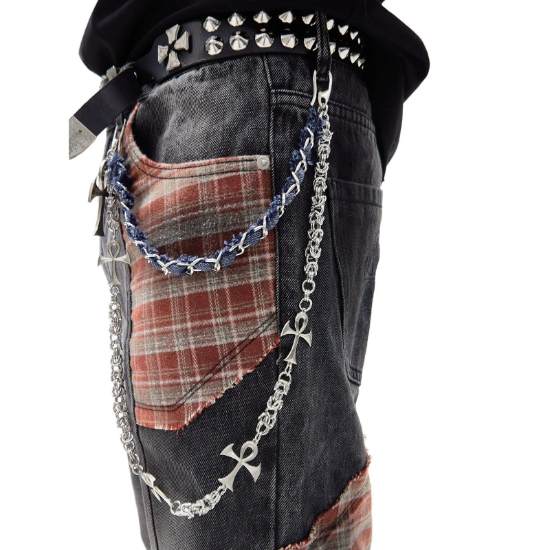 GlowCharm Lanac za hlače s kružnim lancem, denim detaljima i metalnim križnim privjeskom