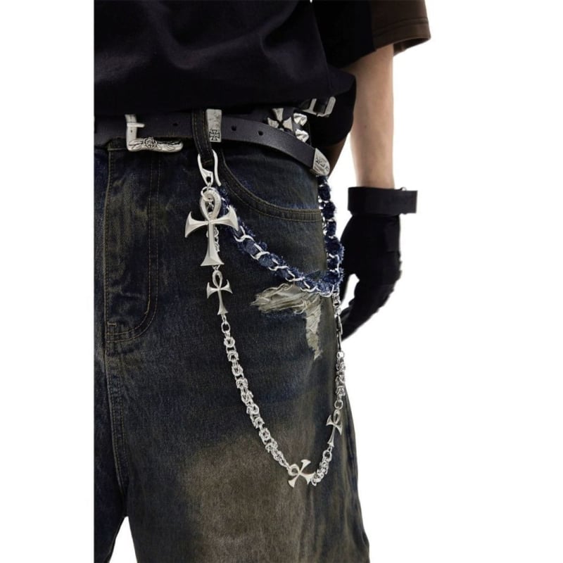 GlowCharm Lanac za hlače s kružnim lancem, denim detaljima i metalnim križnim privjeskom