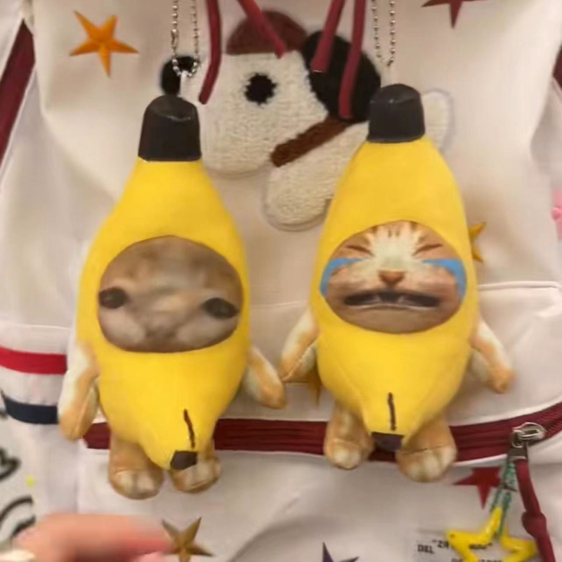 Zsáks plüss kulcstartó hanggal, Banana Cat design; rövid plüss, PP gyapot töltés; többfunkciós, minta testreszabás