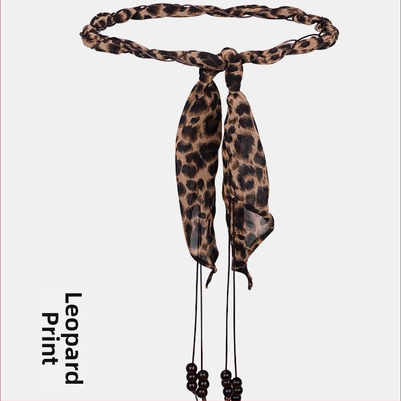 Leopard uzorak PU tkanog pojasa s ručno izrađenim perlicama, kopča čvor, porijeklo Yiwu, proljeće 2025, svestrani dodatak