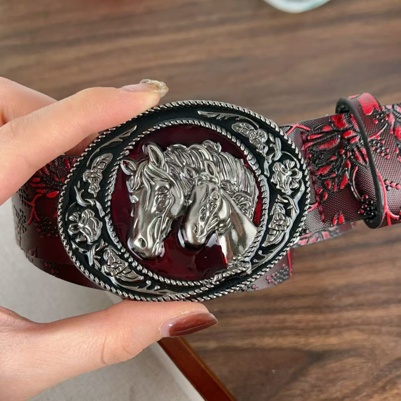 Ženski kaiš wasteland retro stila s uzorkom divljeg konja, sintetička koža, kopča od legure, kopča s iglom, širina 2–4 cm, duljina 107 cm, vintage/literarni retro, elektroplatiranje