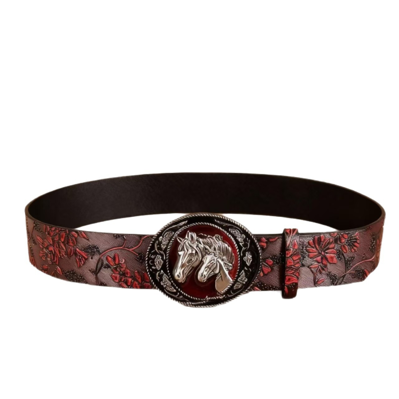 Ženski kaiš wasteland retro stila s uzorkom divljeg konja, sintetička koža, kopča od legure, kopča s iglom, širina 2–4 cm, duljina 107 cm, vintage/literarni retro, elektroplatiranje