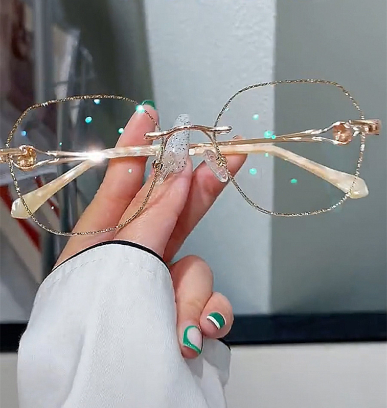 Ženske naočale za presbiopiju i kratkovidnost s zaštitom od plave svjetlosti, polygonalni dizajn, metalni okovi s dijamantima, PC leće, okvir TR + metal