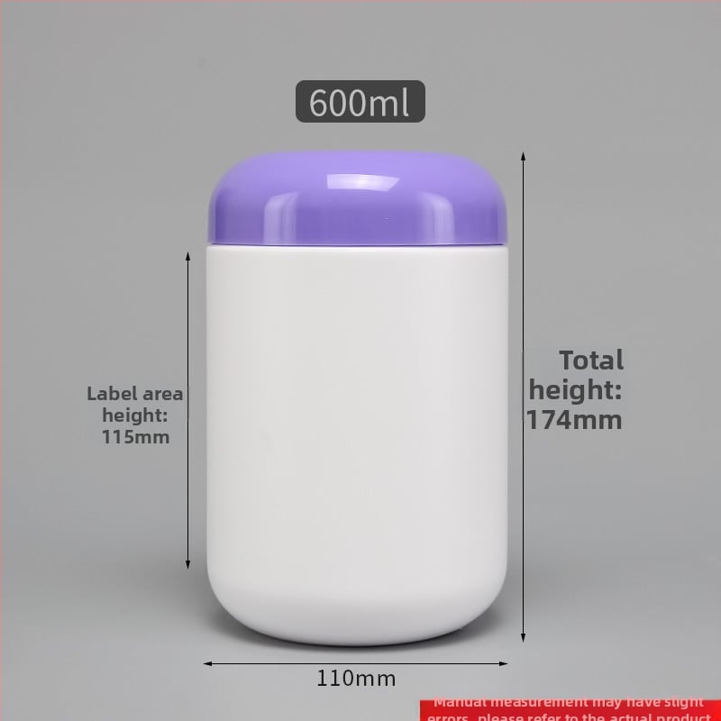 HDPE plastična posuda za prah s poklopcem, kapacitet 600 ml, prilagođeno obrade, tiskani logotip, pogodna za prah