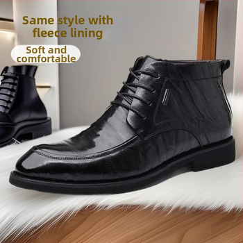 Muške visoke kožne cipele, gornji dio od dvostruke teleće kože, podstava od umjetnog krzna, potplat od ljepila gume, niski klin 1–3 cm, zima