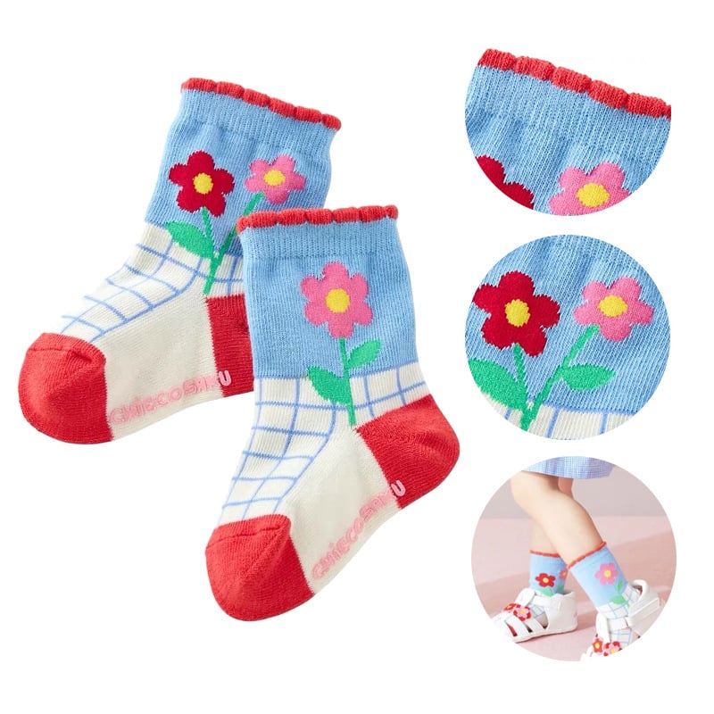 gyerekeknek középső szárú zokni hímzéssel, japán stílusú mintákkal (cartoon betűk pöttyök), lélegző, 95% pamut
