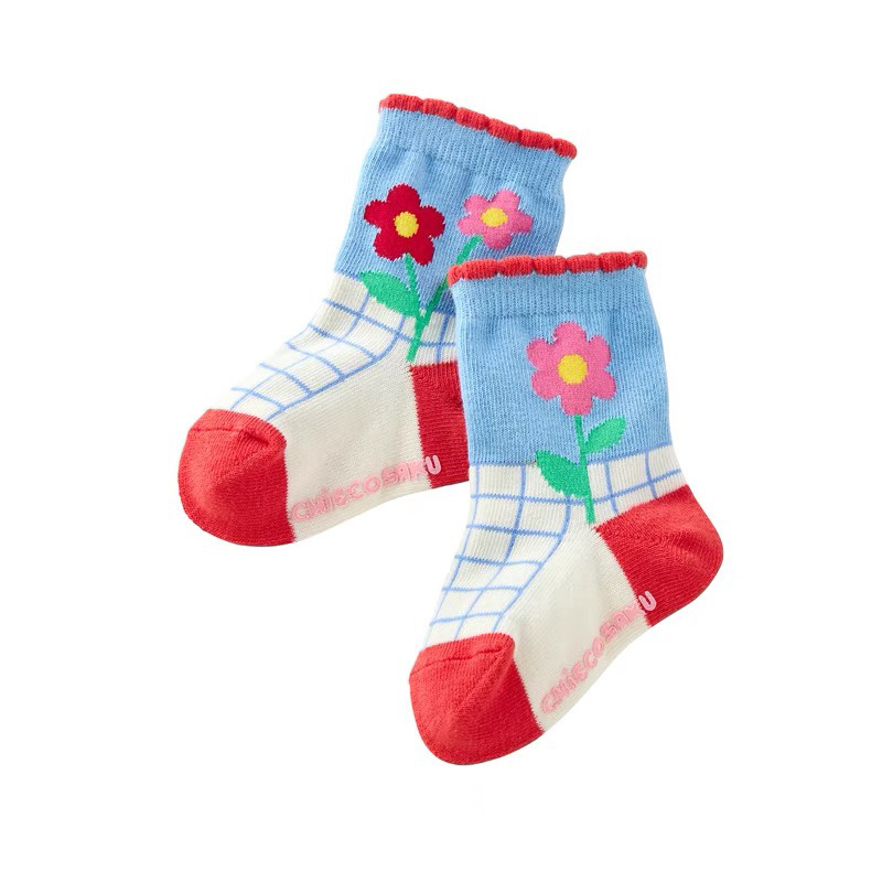gyerekeknek középső szárú zokni hímzéssel, japán stílusú mintákkal (cartoon betűk pöttyök), lélegző, 95% pamut