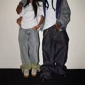 14oz nyers denimből készült lazán szabott farmer, A-vonalú széles szárú, ötgombos zárás