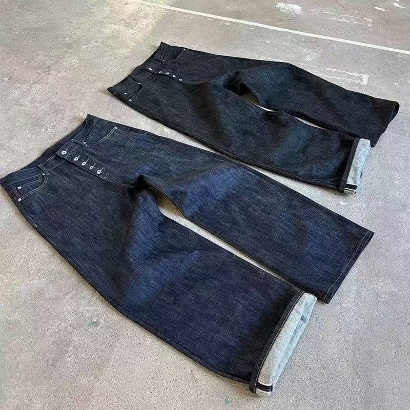 14oz nyers denimből készült lazán szabott farmer, A-vonalú széles szárú, ötgombos zárás