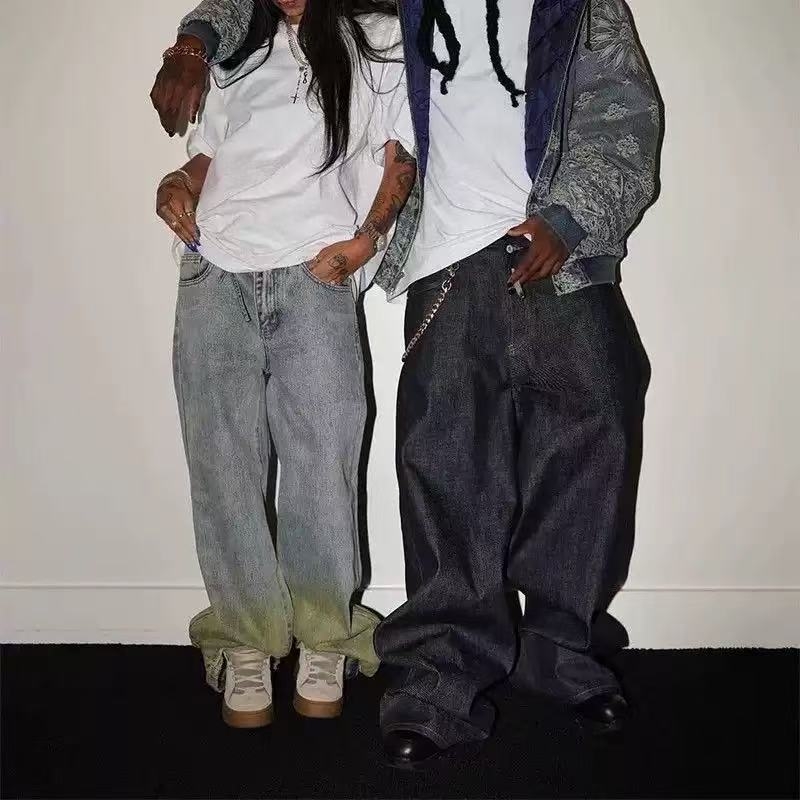 14oz nyers denimből készült lazán szabott farmer, A-vonalú széles szárú, ötgombos zárás