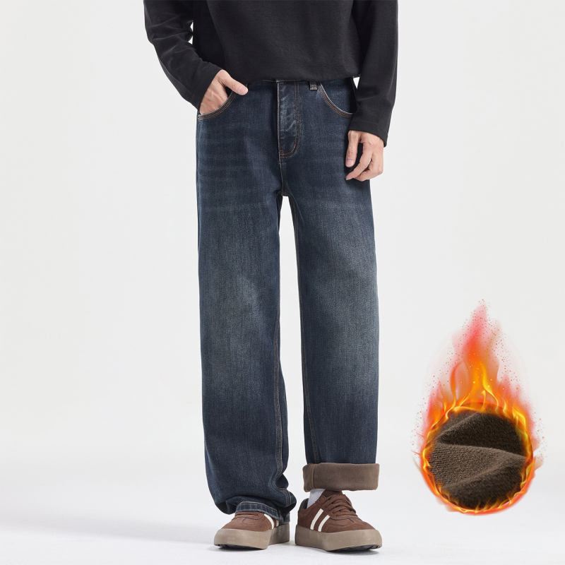 Muške traperice vintage ravnog kroja, flis podstava za zimu, srednji pojas, zatvarač, mješavina pamuka denim (67,2% pamuk, 30,8% poliester, 2,0% elastan)