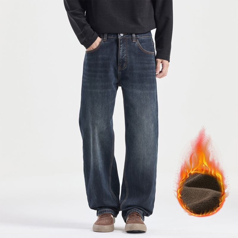 Muške traperice vintage ravnog kroja, flis podstava za zimu, srednji pojas, zatvarač, mješavina pamuka denim (67,2% pamuk, 30,8% poliester, 2,0% elastan)