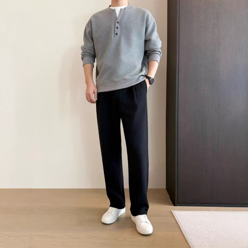 Pantaloni casual pentru bărbați, croială dreaptă, talie înaltă, fermoar, amestec poliester