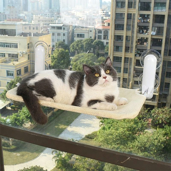 Hamac pentru pisici cu ventuze pentru geam, cuib de pisica din pluș sintetic scurt, respirabil și cald, pentru toate sezoanele