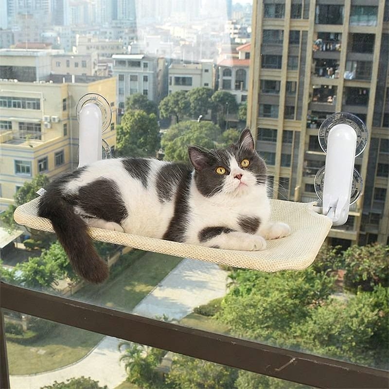 Hamac pentru pisici cu ventuze pentru geam, cuib de pisica din pluș sintetic scurt, respirabil și cald, pentru toate sezoanele