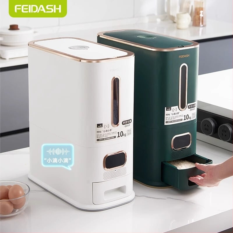Kutija za skladištenje riže — glasovno upravljana, pametno zatvaranje, zaštita od vlage i insekata, kapacitet 10L+, plast PP, moderni minimalistički dizajn