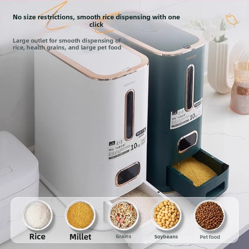 Kutija za skladištenje riže — glasovno upravljana, pametno zatvaranje, zaštita od vlage i insekata, kapacitet 10L+, plast PP, moderni minimalistički dizajn