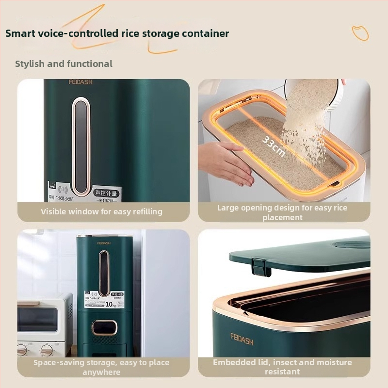 Kutija za skladištenje riže — glasovno upravljana, pametno zatvaranje, zaštita od vlage i insekata, kapacitet 10L+, plast PP, moderni minimalistički dizajn