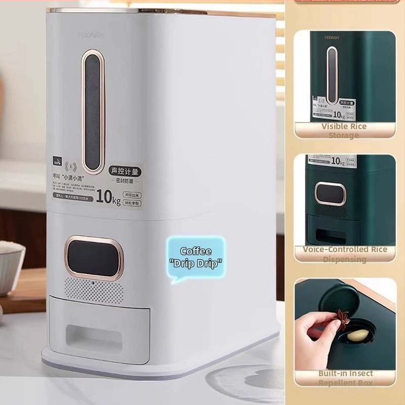 Kutija za skladištenje riže — glasovno upravljana, pametno zatvaranje, zaštita od vlage i insekata, kapacitet 10L+, plast PP, moderni minimalistički dizajn