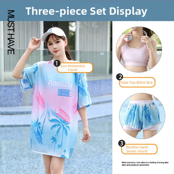 Ženski trodijelni konzervativni kupaći kostim za plažu s gradijentnim uzorkom, jastučići za grudi, poliester-elastan (5%), rukavi srednje duljine