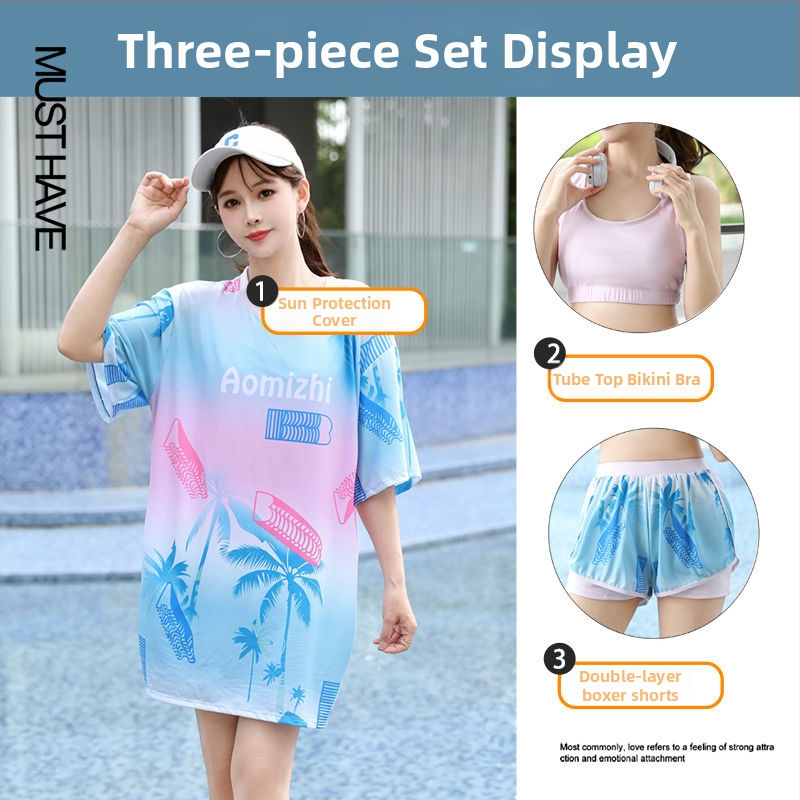 Ženski trodijelni konzervativni kupaći kostim za plažu s gradijentnim uzorkom, jastučići za grudi, poliester-elastan (5%), rukavi srednje duljine