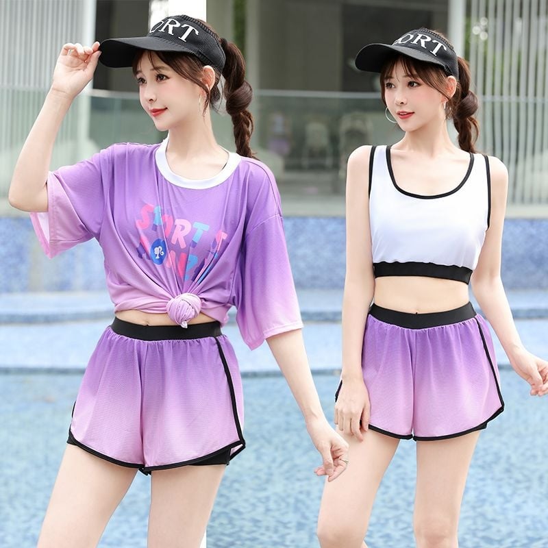 Ženski trodijelni konzervativni kupaći kostim za plažu s gradijentnim uzorkom, jastučići za grudi, poliester-elastan (5%), rukavi srednje duljine