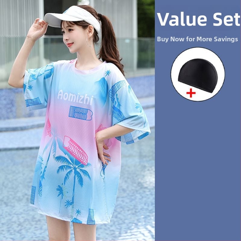 Ženski trodijelni konzervativni kupaći kostim za plažu s gradijentnim uzorkom, jastučići za grudi, poliester-elastan (5%), rukavi srednje duljine