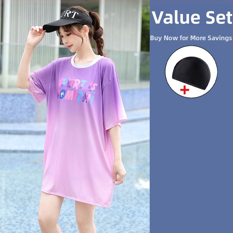 Ženski trodijelni konzervativni kupaći kostim za plažu s gradijentnim uzorkom, jastučići za grudi, poliester-elastan (5%), rukavi srednje duljine