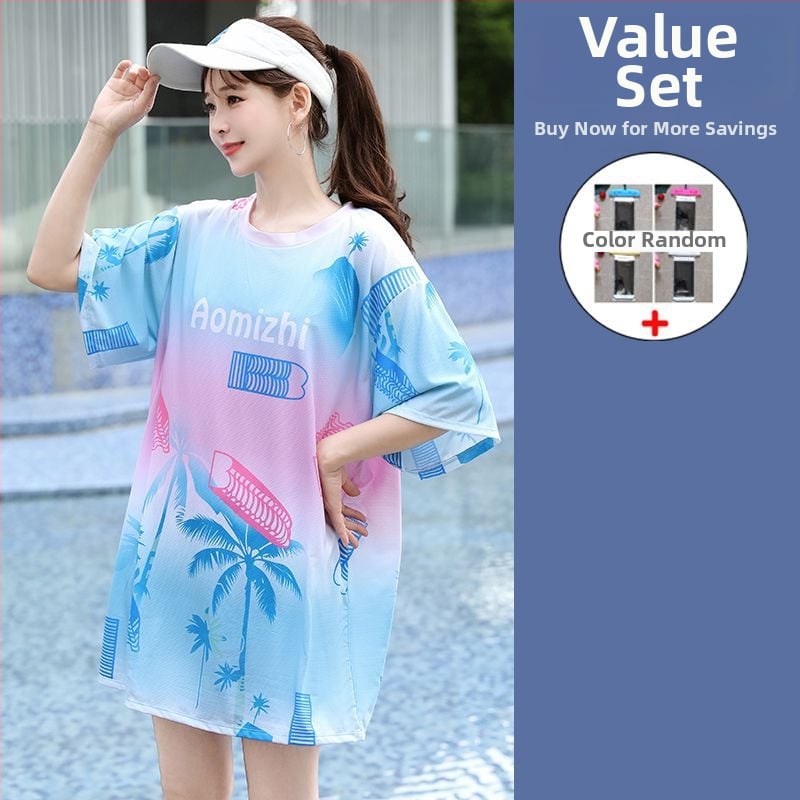 Ženski trodijelni konzervativni kupaći kostim za plažu s gradijentnim uzorkom, jastučići za grudi, poliester-elastan (5%), rukavi srednje duljine