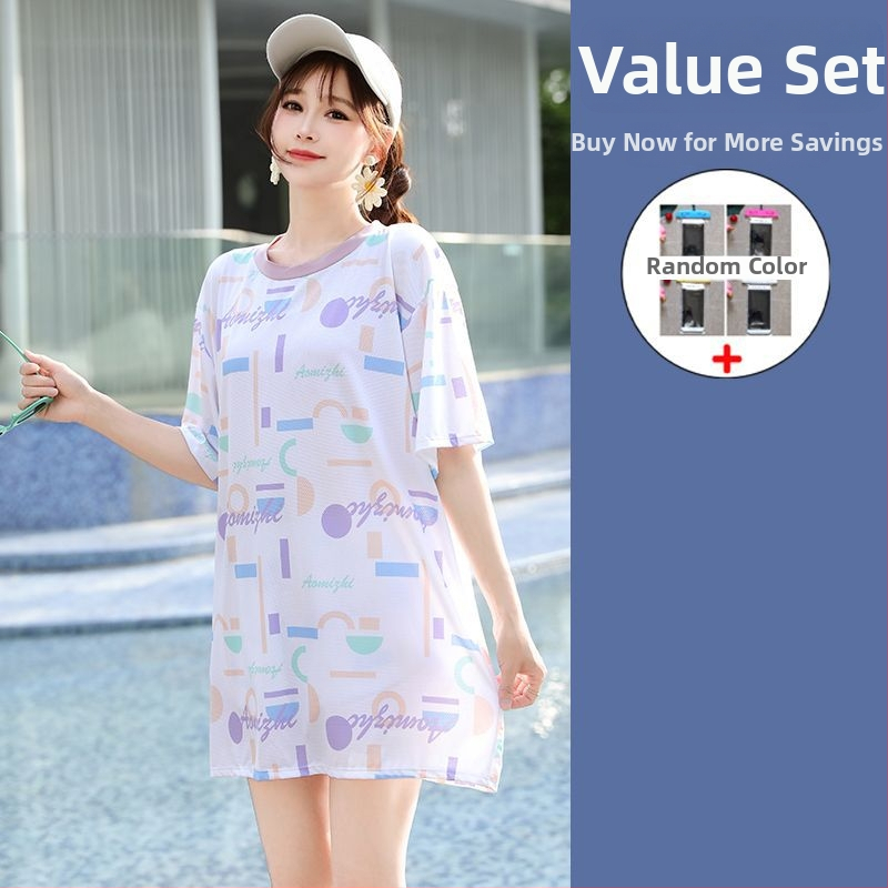 Ženski trodijelni konzervativni kupaći kostim za plažu s gradijentnim uzorkom, jastučići za grudi, poliester-elastan (5%), rukavi srednje duljine