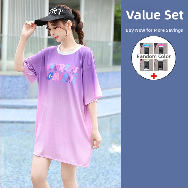 Ženski trodijelni konzervativni kupaći kostim za plažu s gradijentnim uzorkom, jastučići za grudi, poliester-elastan (5%), rukavi srednje duljine