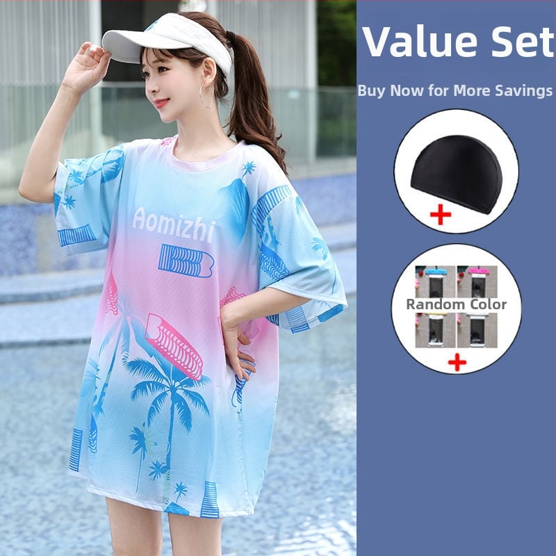 Ženski trodijelni konzervativni kupaći kostim za plažu s gradijentnim uzorkom, jastučići za grudi, poliester-elastan (5%), rukavi srednje duljine