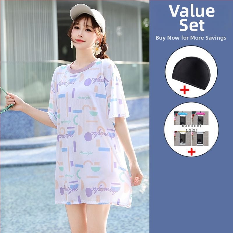 Ženski trodijelni konzervativni kupaći kostim za plažu s gradijentnim uzorkom, jastučići za grudi, poliester-elastan (5%), rukavi srednje duljine